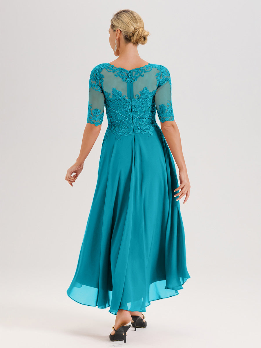 Cicinia Robe Mère Du Marié Vert Jade En Mousseline Dentelle Col Rond Demi-Manche Ourlet Irrégulier