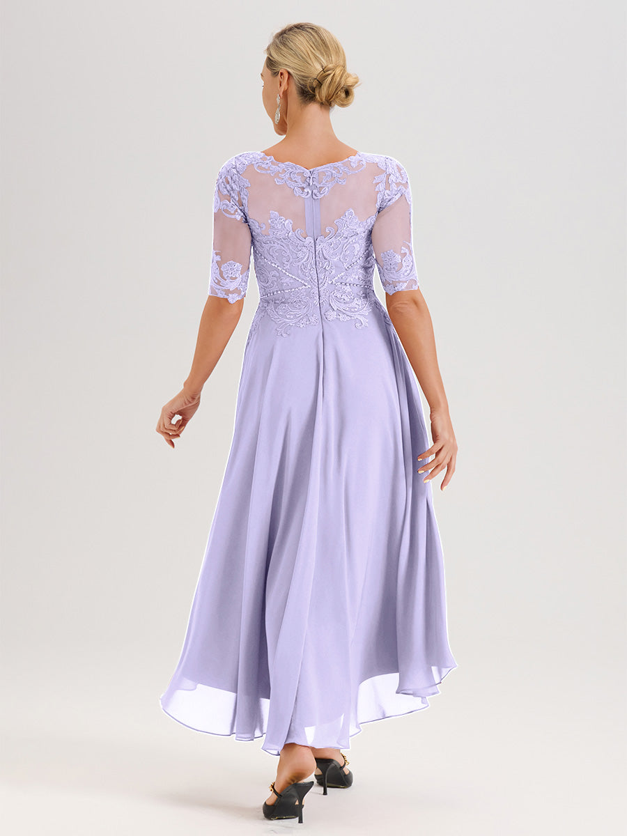 Cicinia Robe Mère Du Marié Lilas En Mousseline Dentelle Col Rond Demi-Manche Ourlet Irrégulier