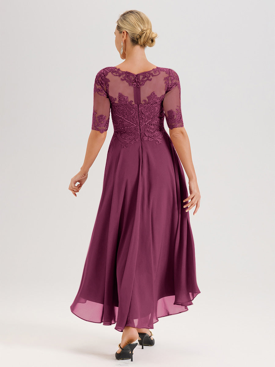 Cicinia Robe Mère Du Marié Mûre En Mousseline Dentelle Col Rond Demi-Manche Ourlet Irrégulier