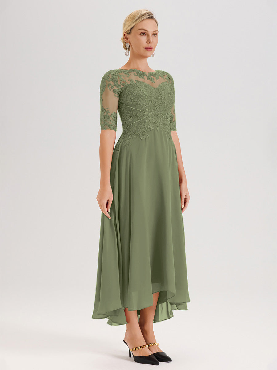 Cicinia Robe Mère Du Marié Olive En Mousseline Dentelle Col Rond Demi-Manche Ourlet Irrégulier