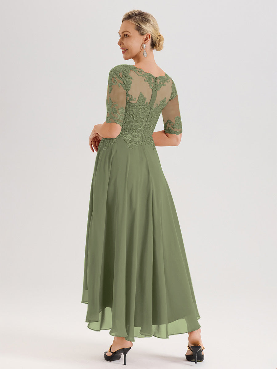 Cicinia Robe Mère Du Marié Olive En Mousseline Dentelle Col Rond Demi-Manche Ourlet Irrégulier