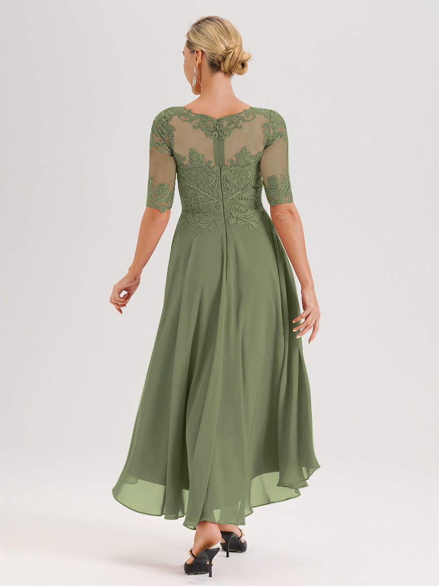 Cicinia Robe Mère Du Marié Olive En Mousseline Dentelle Col Rond Demi-Manche Ourlet Irrégulier