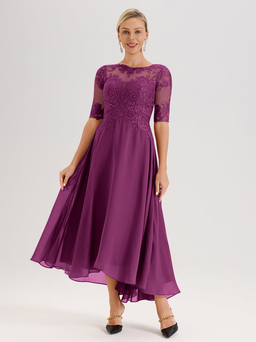 Cicinia Robe Mère Du Marié Orchidée En Mousseline Dentelle Col Rond Demi-Manche Ourlet Irrégulier