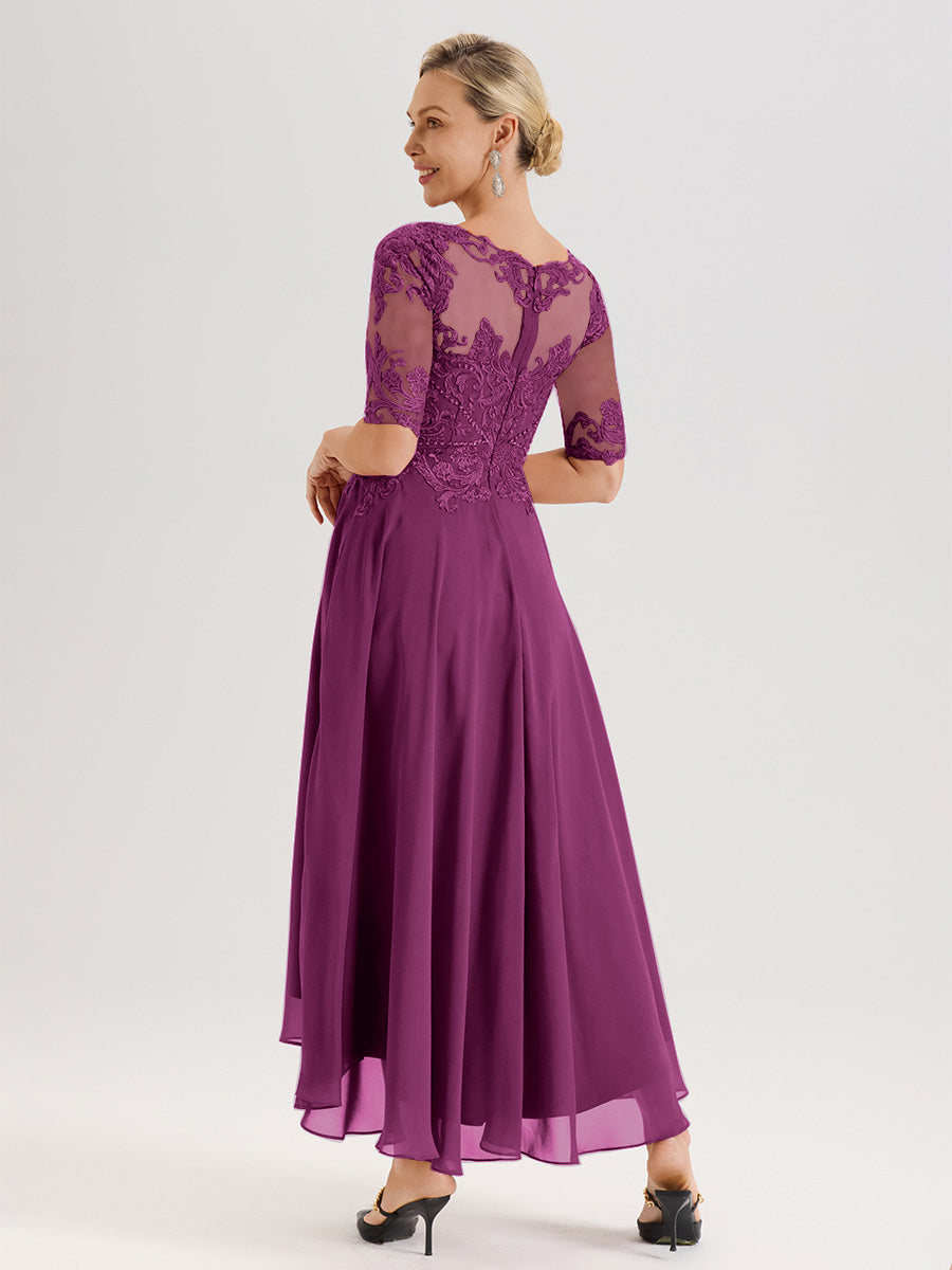 Cicinia Robe Mère Du Marié Orchidée En Mousseline Dentelle Col Rond Demi-Manche Ourlet Irrégulier