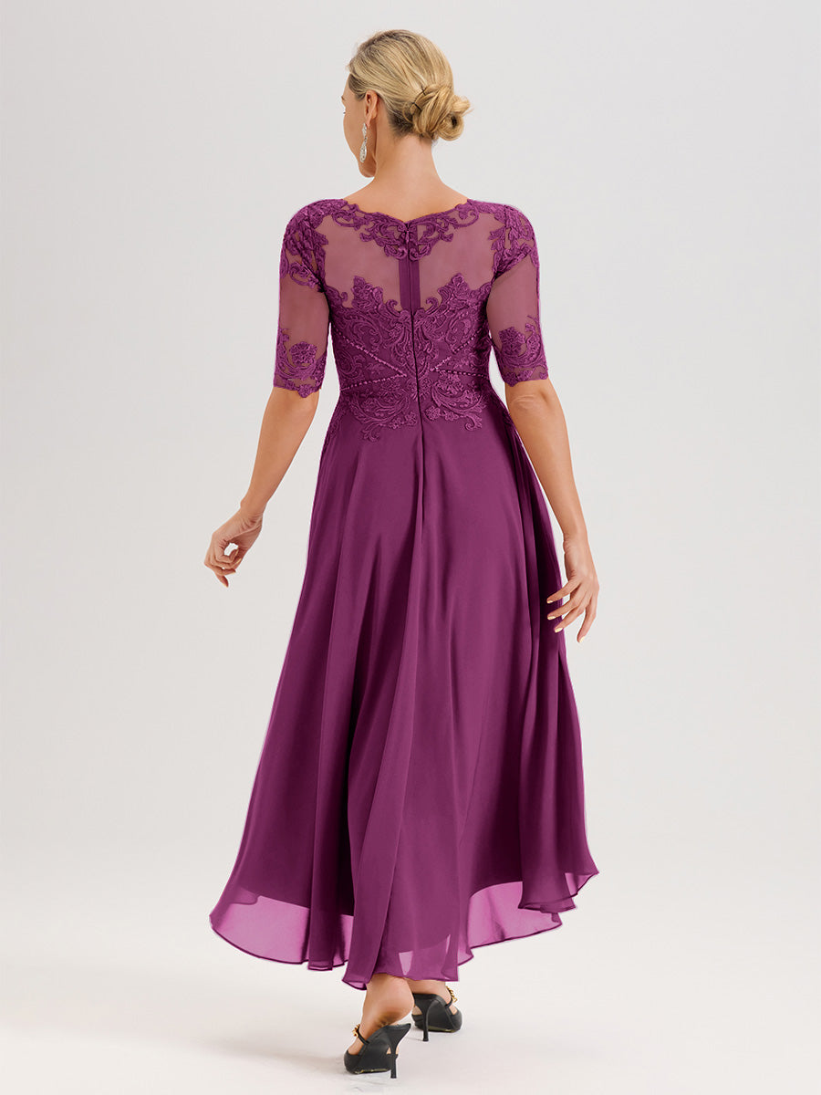 Cicinia Robe Mère Du Marié Orchidée En Mousseline Dentelle Col Rond Demi-Manche Ourlet Irrégulier