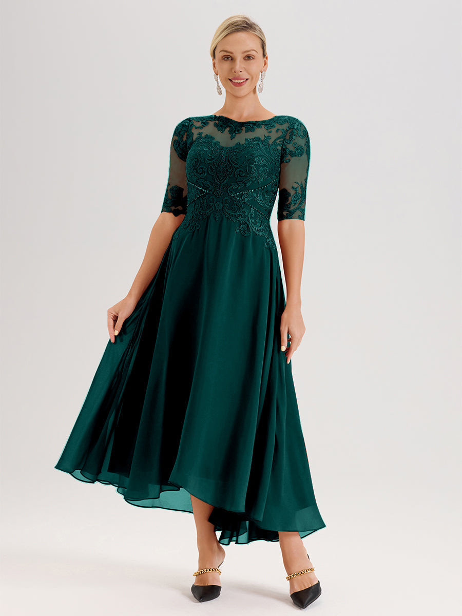 Cicinia Robe Mère Du Marié Bleu Paon En Mousseline Dentelle Col Rond Demi-Manche Ourlet Irrégulier