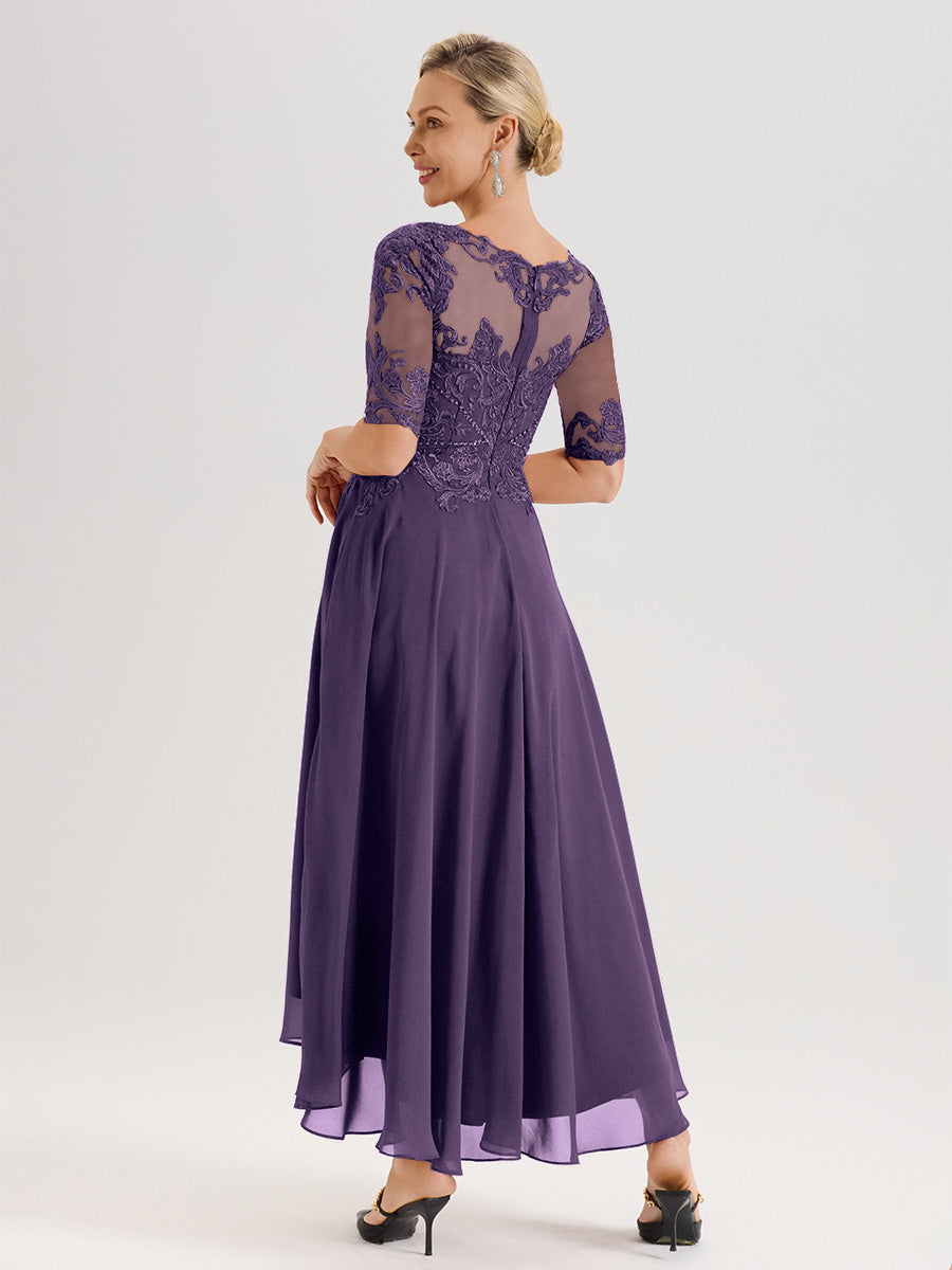 Cicinia Robe Mère Du Marié En Plum En Mousseline Dentelle Col Rond Demi-Manche Ourlet Irrégulier