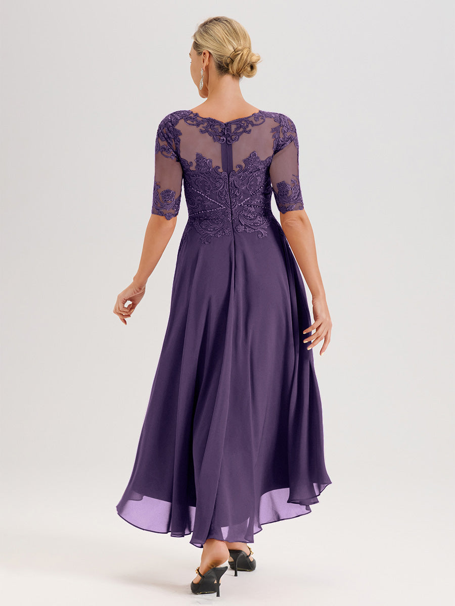 Cicinia Robe Mère Du Marié En Plum En Mousseline Dentelle Col Rond Demi-Manche Ourlet Irrégulier
