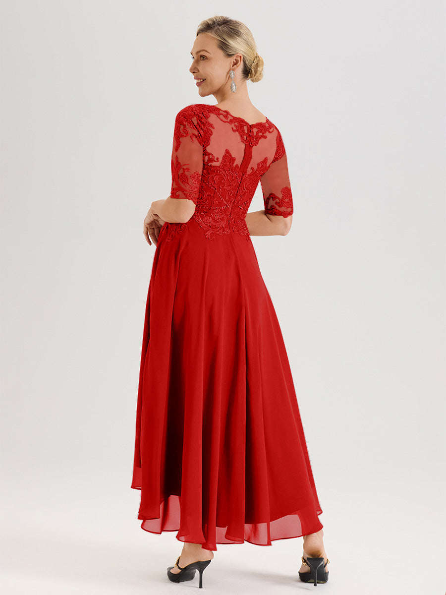 Cicinia Robe Mère Du Marié Rouge En Mousseline Dentelle Col Rond Demi-Manche Ourlet Irrégulier