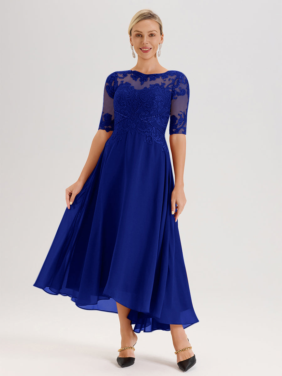 Cicinia Robe Mère Du Marié Bleu Royal En Mousseline Dentelle Col Rond Demi-Manche Ourlet Irrégulier