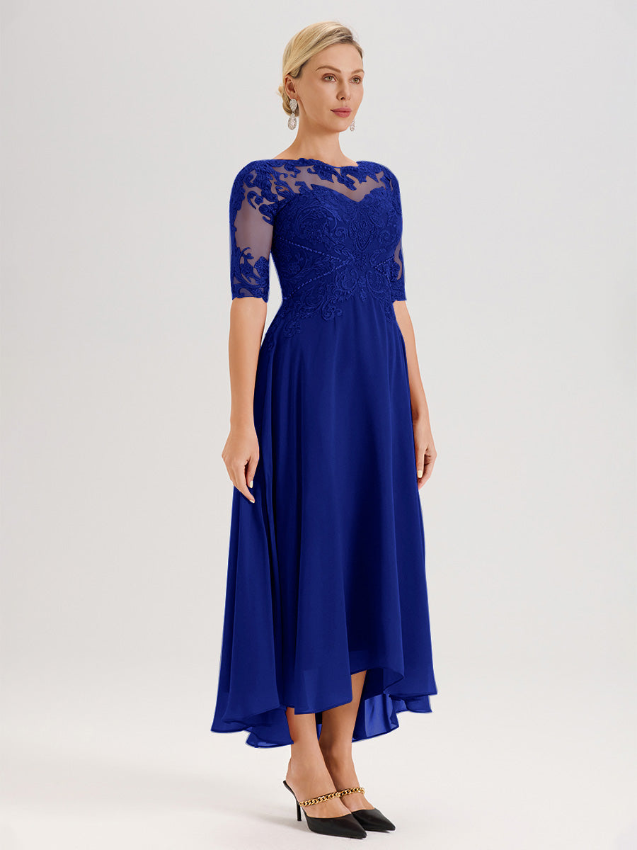 Cicinia Robe Mère Du Marié Bleu Royal En Mousseline Dentelle Col Rond Demi-Manche Ourlet Irrégulier