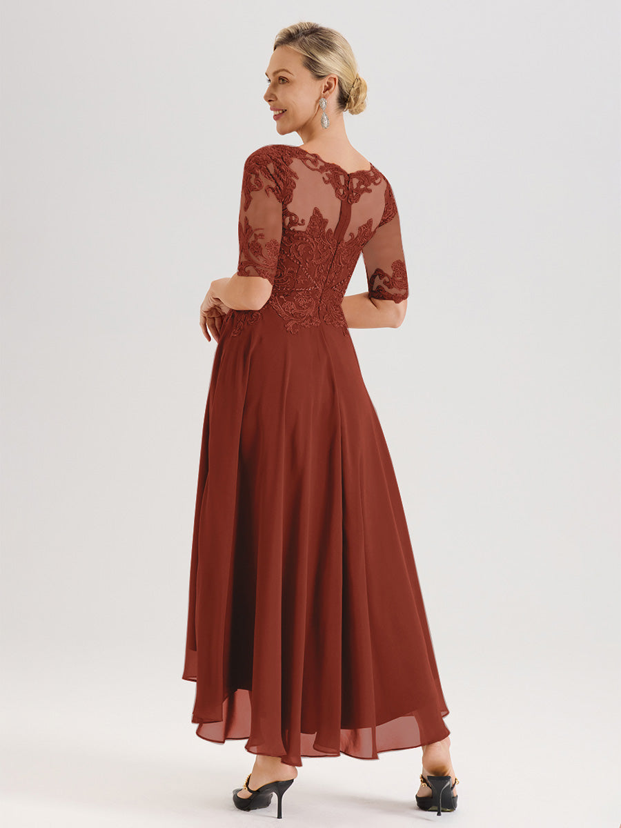 Cicinia Robe Mère Du Marié Couleur Rouille En Mousseline Dentelle Col Rond Demi-Manche Ourlet Irrégulier