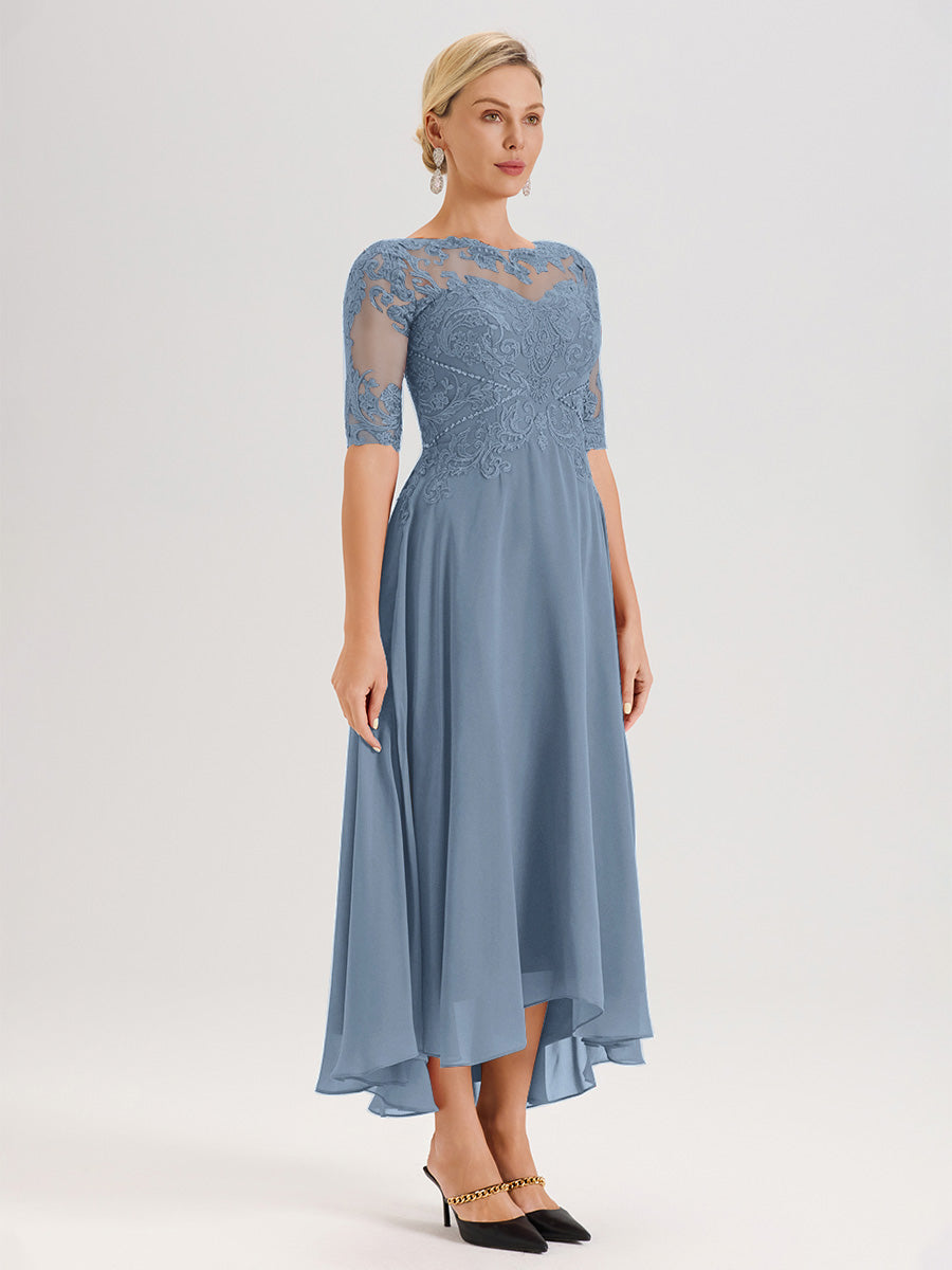 Cicinia Robe Mère Du Marié Bleu De Schiste En Mousseline Dentelle Col Rond Demi-Manche Ourlet Irrégulier