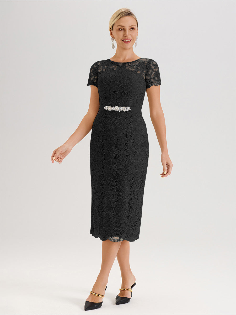 Cicinia Ensemble Noir Avec Châle Robe Mère De La Mariée Longueur Mi-Mollet En Mousseline Dentelle Col Rond