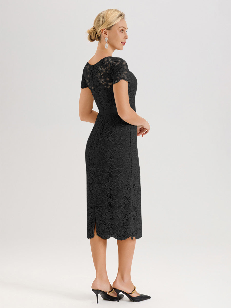 Cicinia Ensemble Noir Avec Châle Robe Mère De La Mariée Longueur Mi-Mollet En Mousseline Dentelle Col Rond