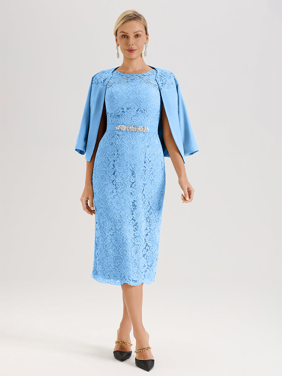 Cicinia Ensemble Bleu Avec Châle Robe Mère De La Mariée Longueur Mi-Mollet En Mousseline Dentelle Col Rond