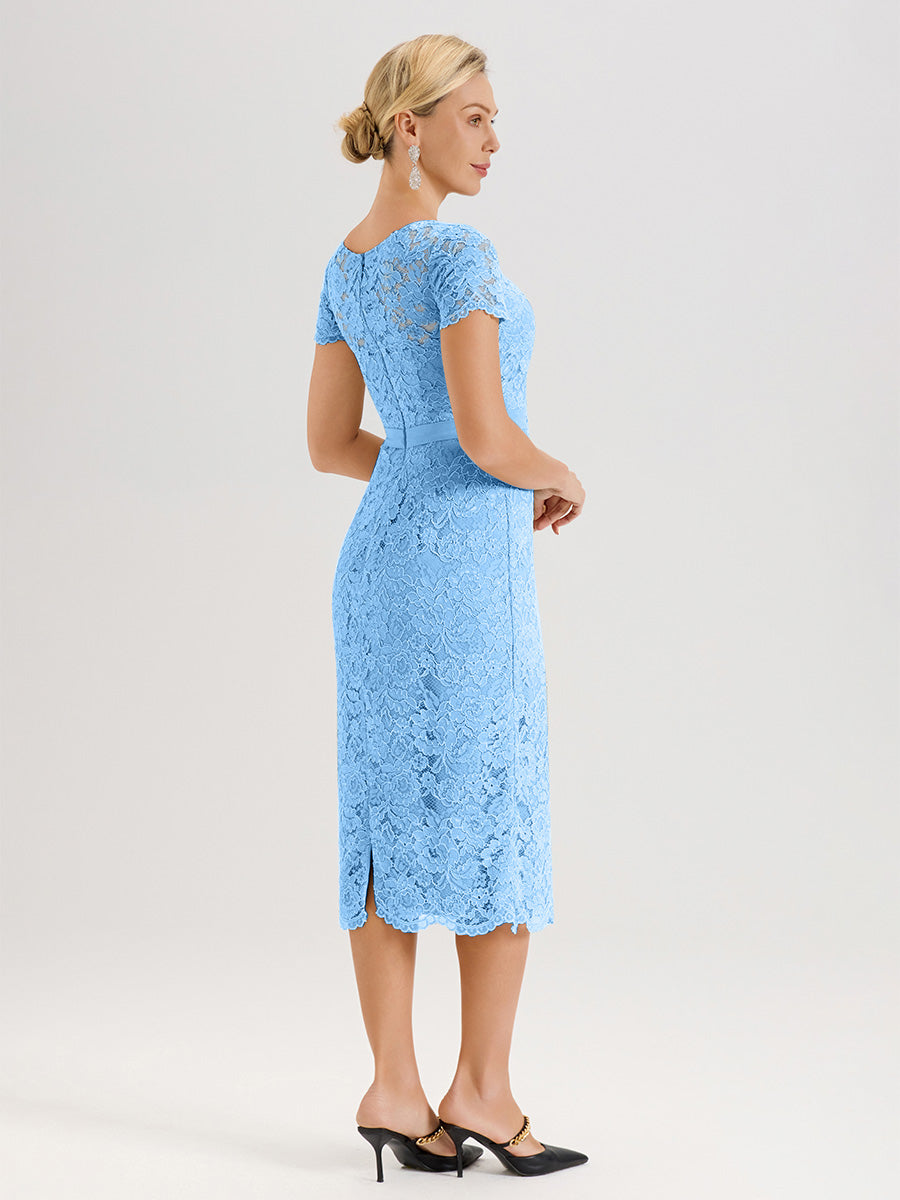 Cicinia Ensemble Bleu Avec Châle Robe Mère De La Mariée Longueur Mi-Mollet En Mousseline Dentelle Col Rond