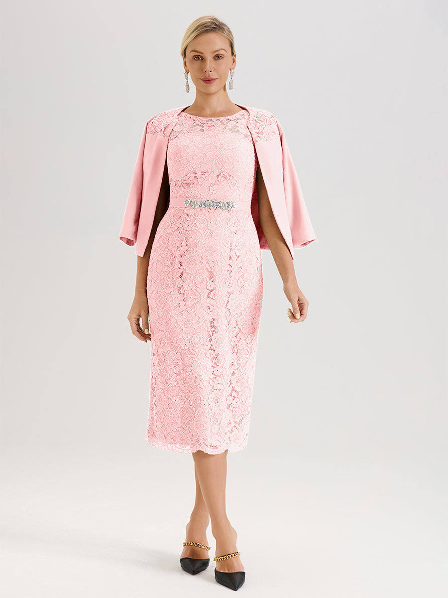 Cicinia Ensemble Rose Doux Avec Châle Robe Mère De La Mariée Longueur Mi-Mollet En Mousseline Dentelle Col Rond