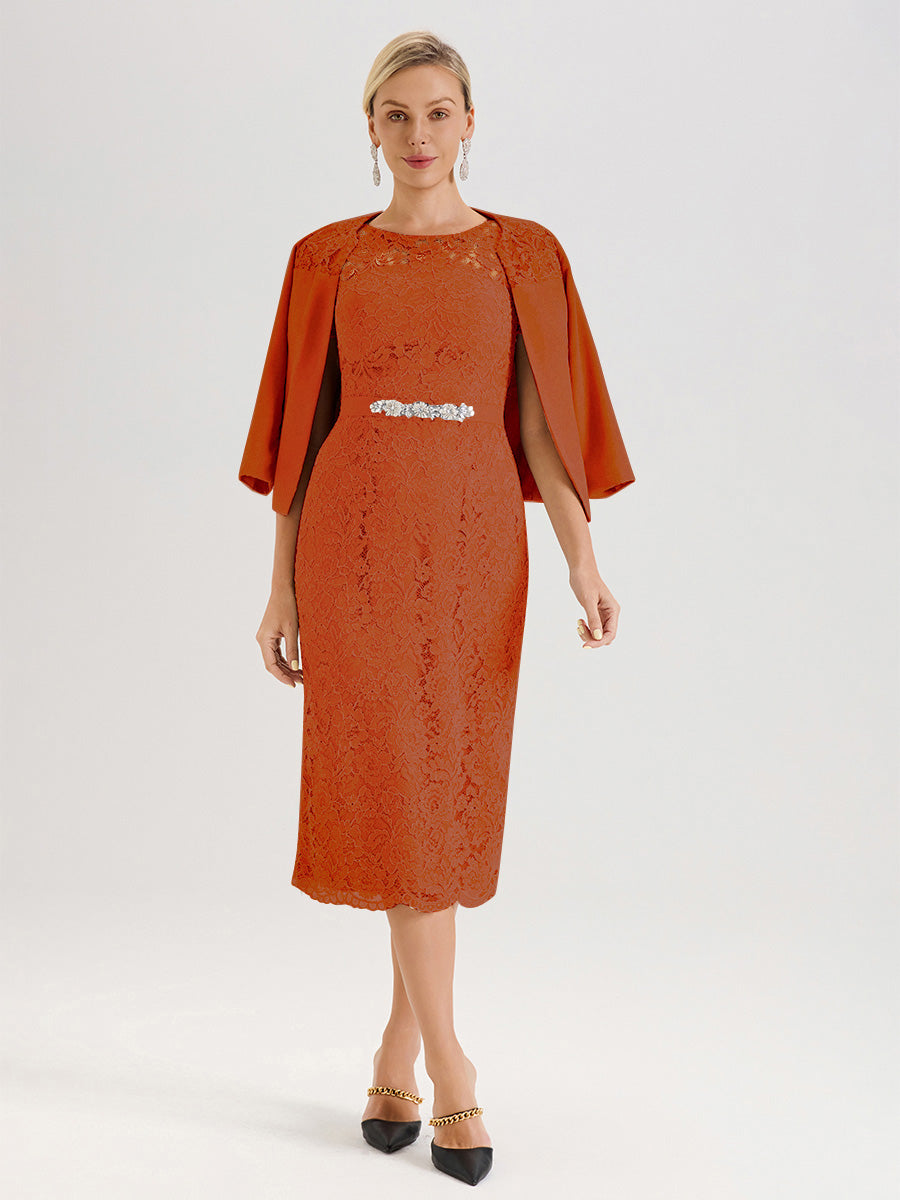 Cicinia Ensemble Orange Foncé Avec Châle Robe Mère De La Mariée Longueur Mi-Mollet En Mousseline Dentelle Col Rond