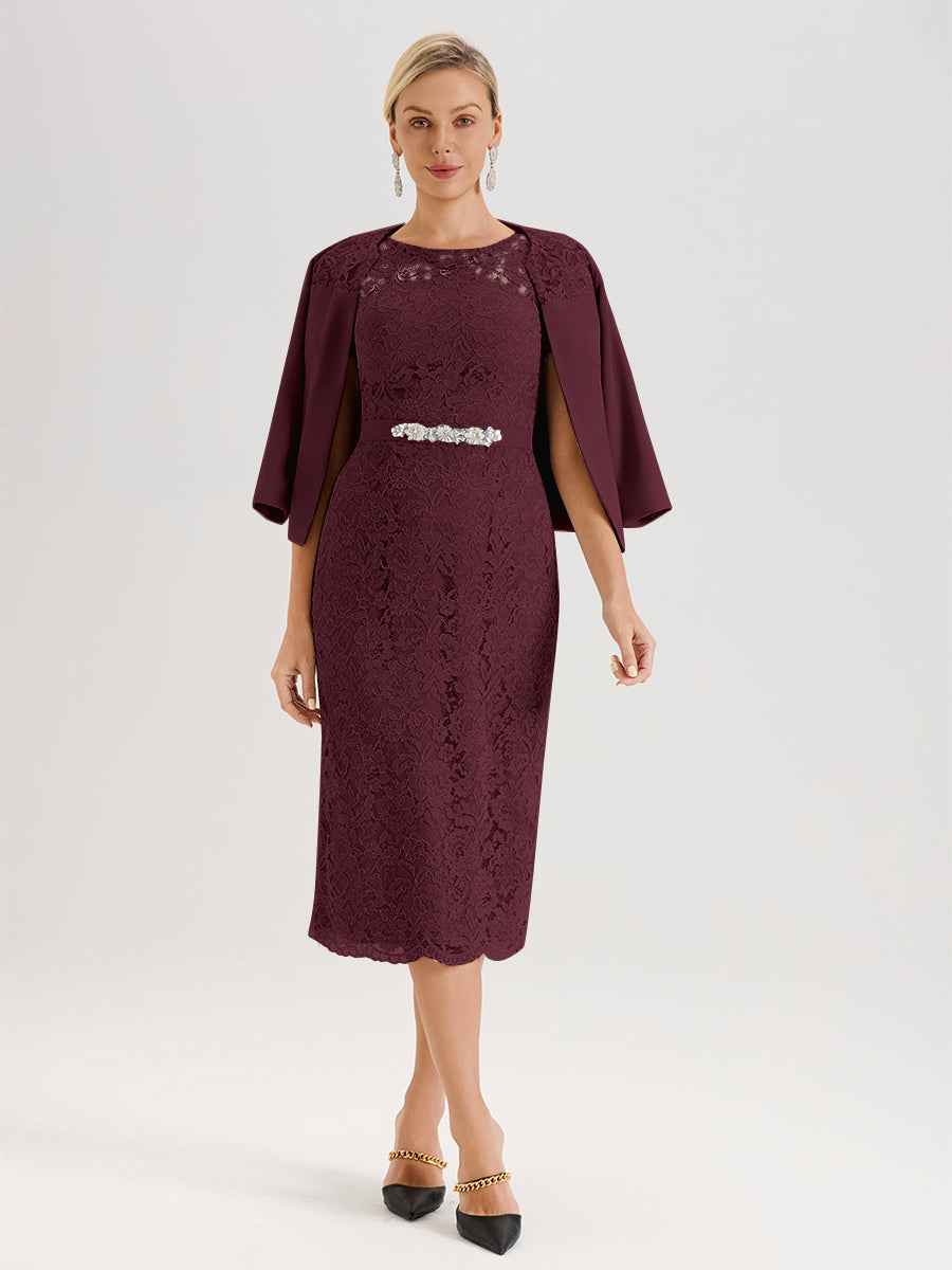 Cicinia Ensemble Cabernet Avec Châle Robe Mère De La Mariée Longueur Mi-Mollet En Mousseline Dentelle Col Rond