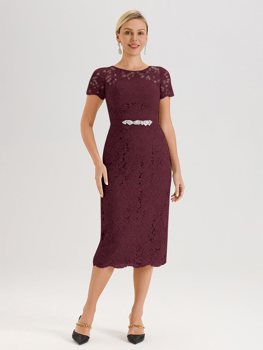 Cicinia Ensemble Cabernet Avec Châle Robe Mère De La Mariée Longueur Mi-Mollet En Mousseline Dentelle Col Rond