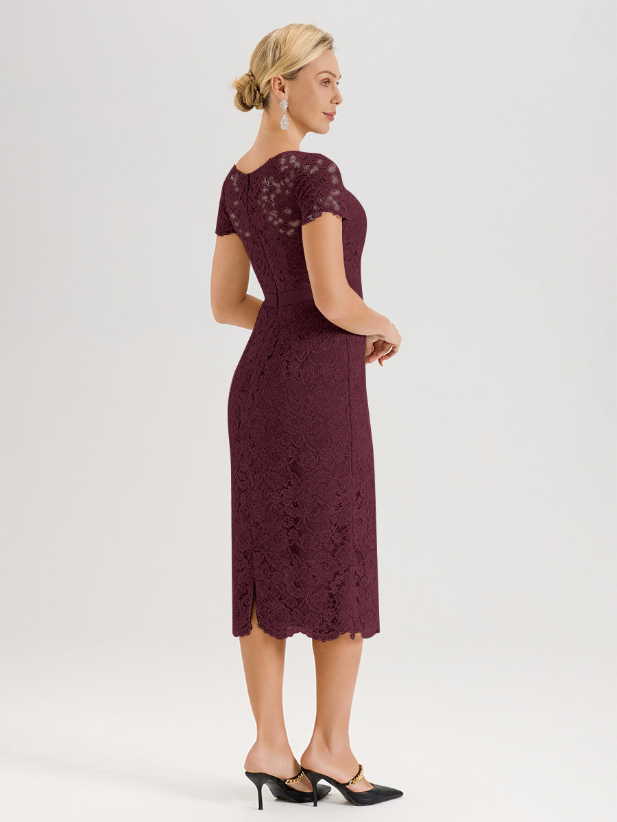 Cicinia Ensemble Cabernet Avec Châle Robe Mère De La Mariée Longueur Mi-Mollet En Mousseline Dentelle Col Rond