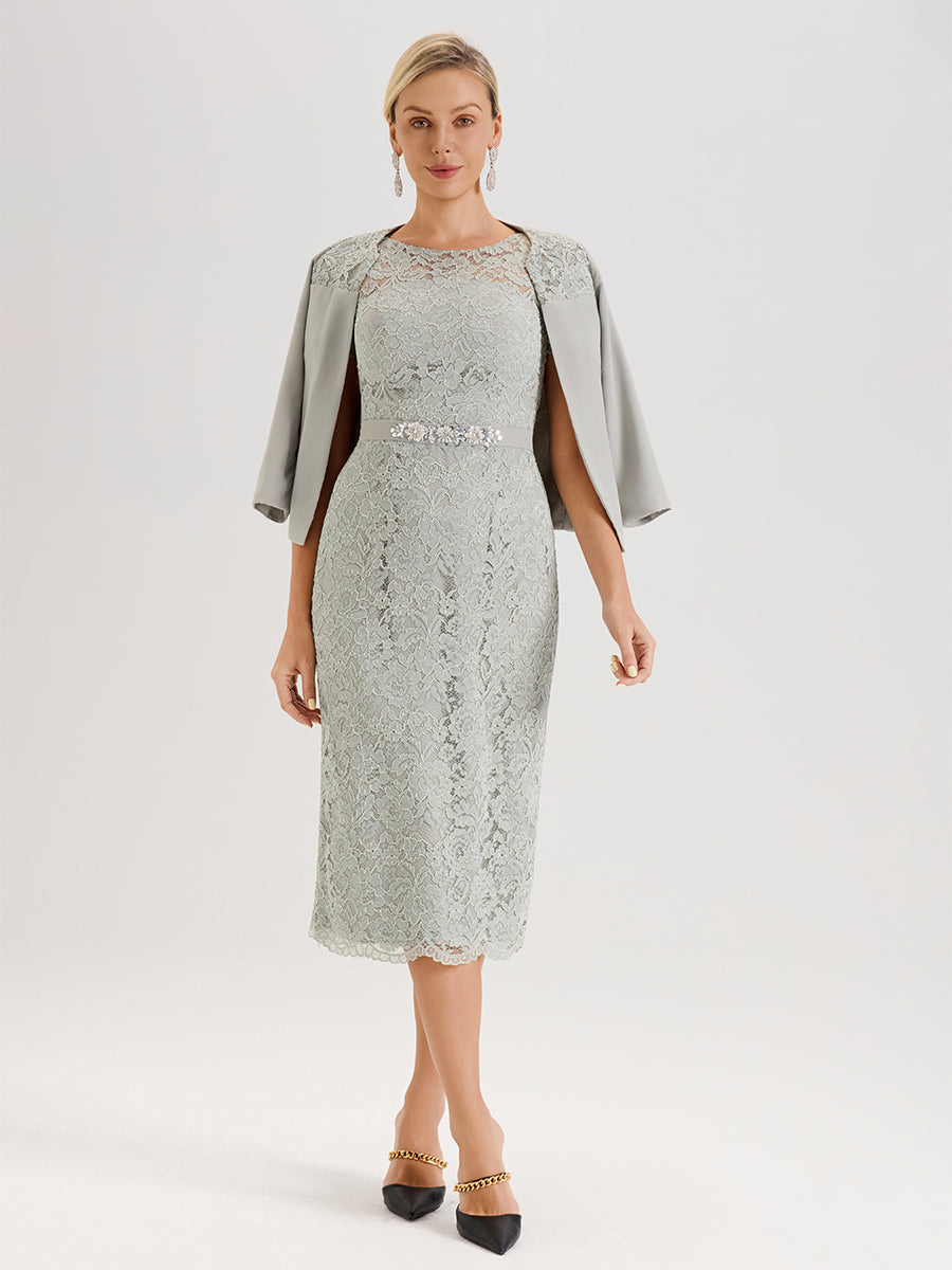 Cicinia Ensemble Celadon Avec Châle Robe Mère De La Mariée Longueur Mi-Mollet En Mousseline Dentelle Col Rond