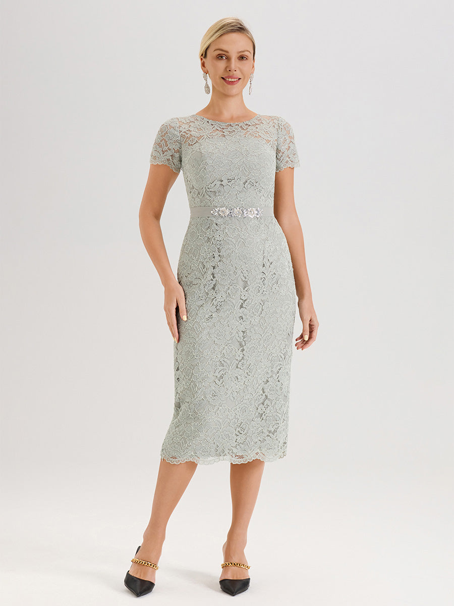 Cicinia Ensemble Celadon Avec Châle Robe Mère De La Mariée Longueur Mi-Mollet En Mousseline Dentelle Col Rond