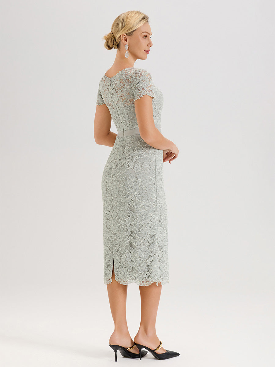 Cicinia Ensemble Celadon Avec Châle Robe Mère De La Mariée Longueur Mi-Mollet En Mousseline Dentelle Col Rond