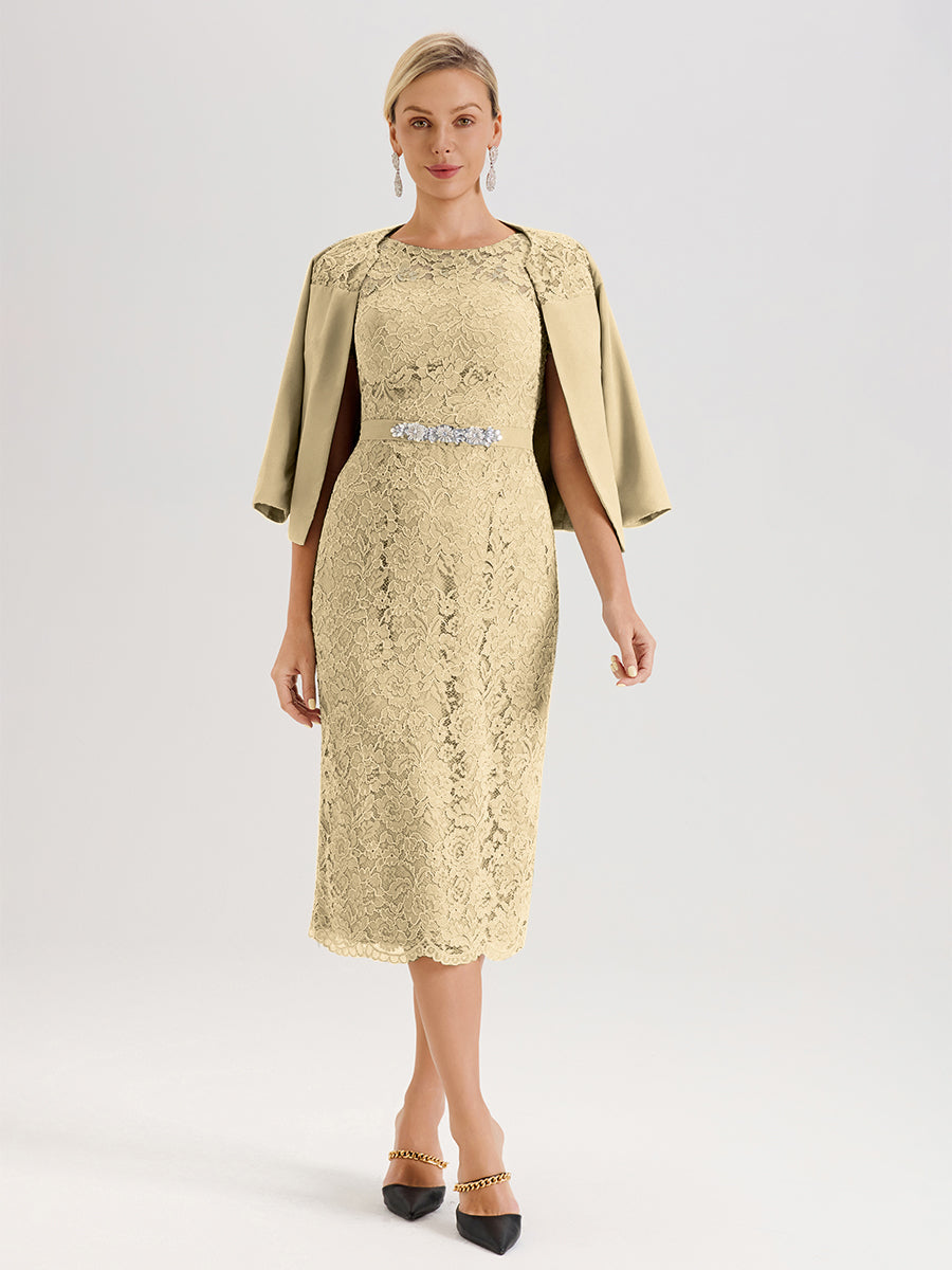 Cicinia Ensemble Champagne Avec Châle Robe Mère De La Mariée Longueur Mi-Mollet En Mousseline Dentelle Col Rond