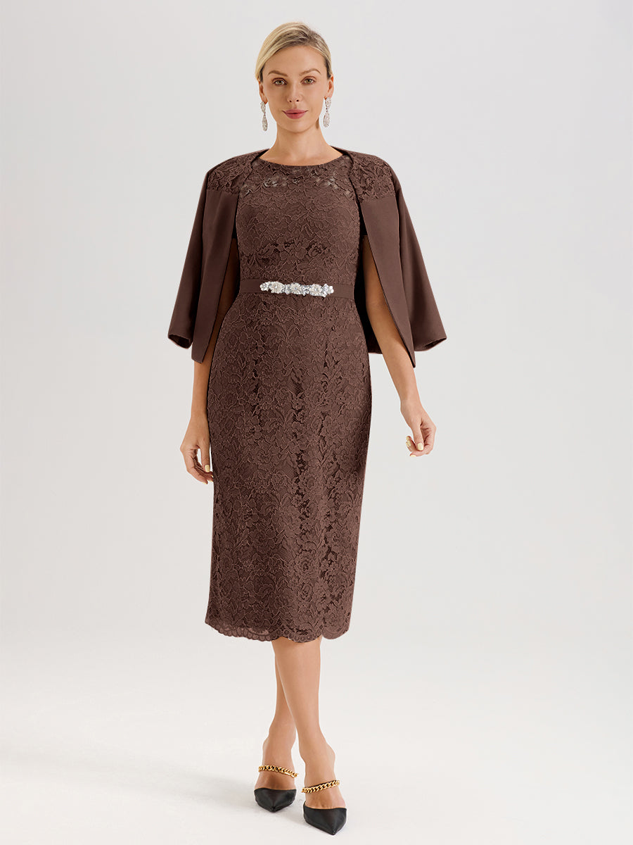 Cicinia Ensemble Marron Chocolat Avec Châle Robe Mère De La Mariée Longueur Mi-Mollet En Mousseline Dentelle Col Rond