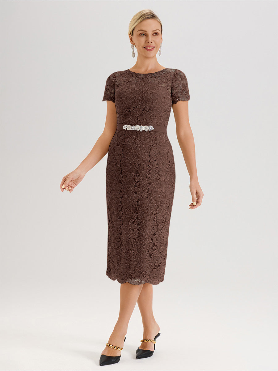 Cicinia Ensemble Marron Chocolat Avec Châle Robe Mère De La Mariée Longueur Mi-Mollet En Mousseline Dentelle Col Rond