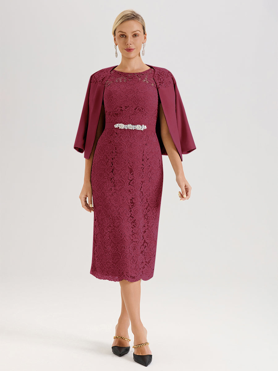 Cicinia Ensemble Rose Cannelle Avec Châle Robe Mère De La Mariée Longueur Mi-Mollet En Mousseline Dentelle Col Rond