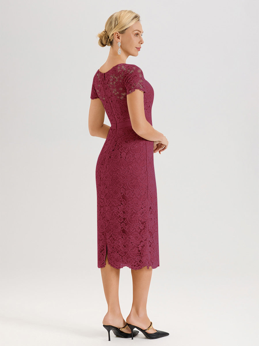 Cicinia Ensemble Rose Cannelle Avec Châle Robe Mère De La Mariée Longueur Mi-Mollet En Mousseline Dentelle Col Rond