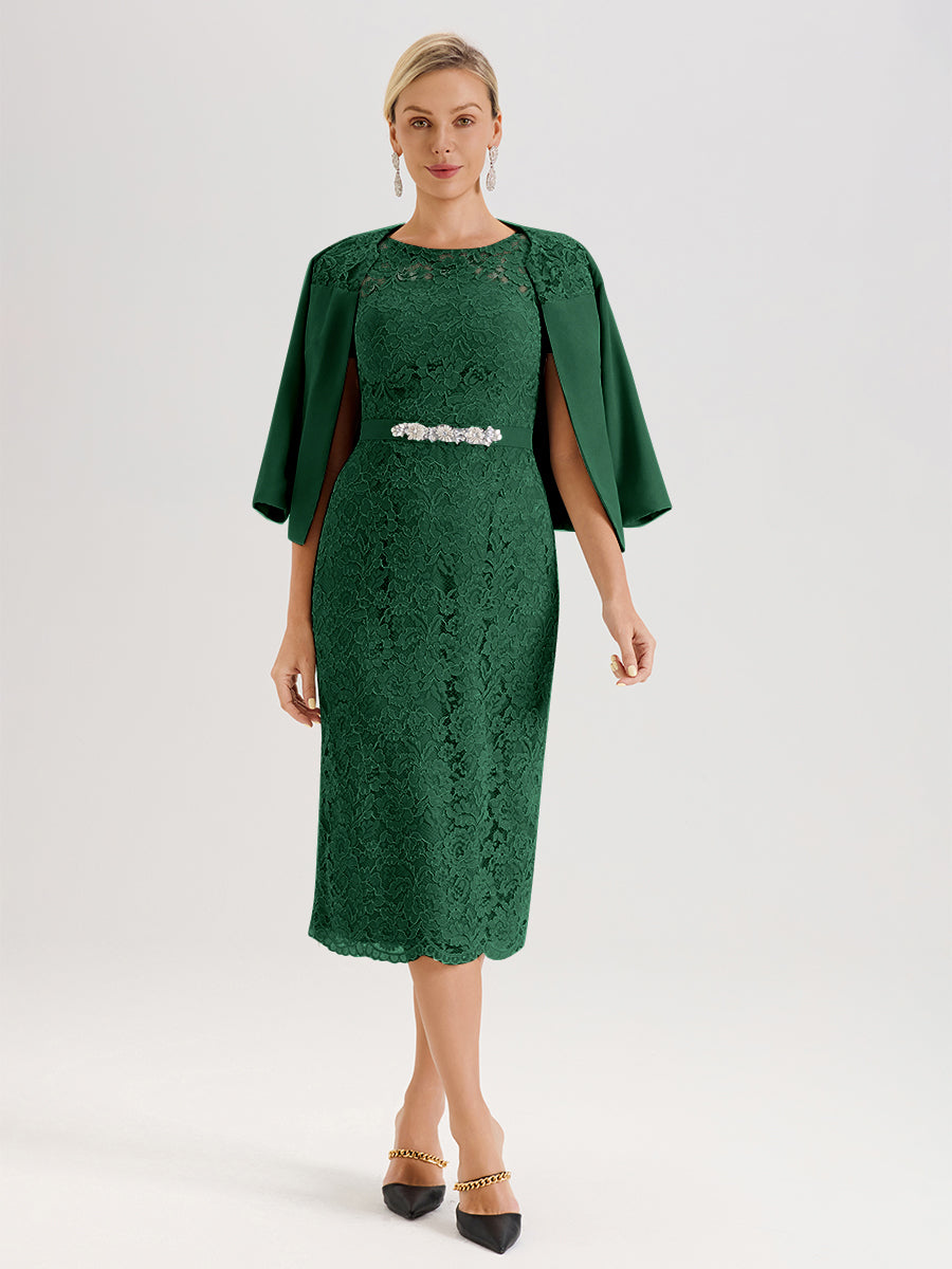 Cicinia Ensemble Vert Foncé Avec Châle Robe Mère De La Mariée Longueur Mi-Mollet En Mousseline Dentelle Col Rond
