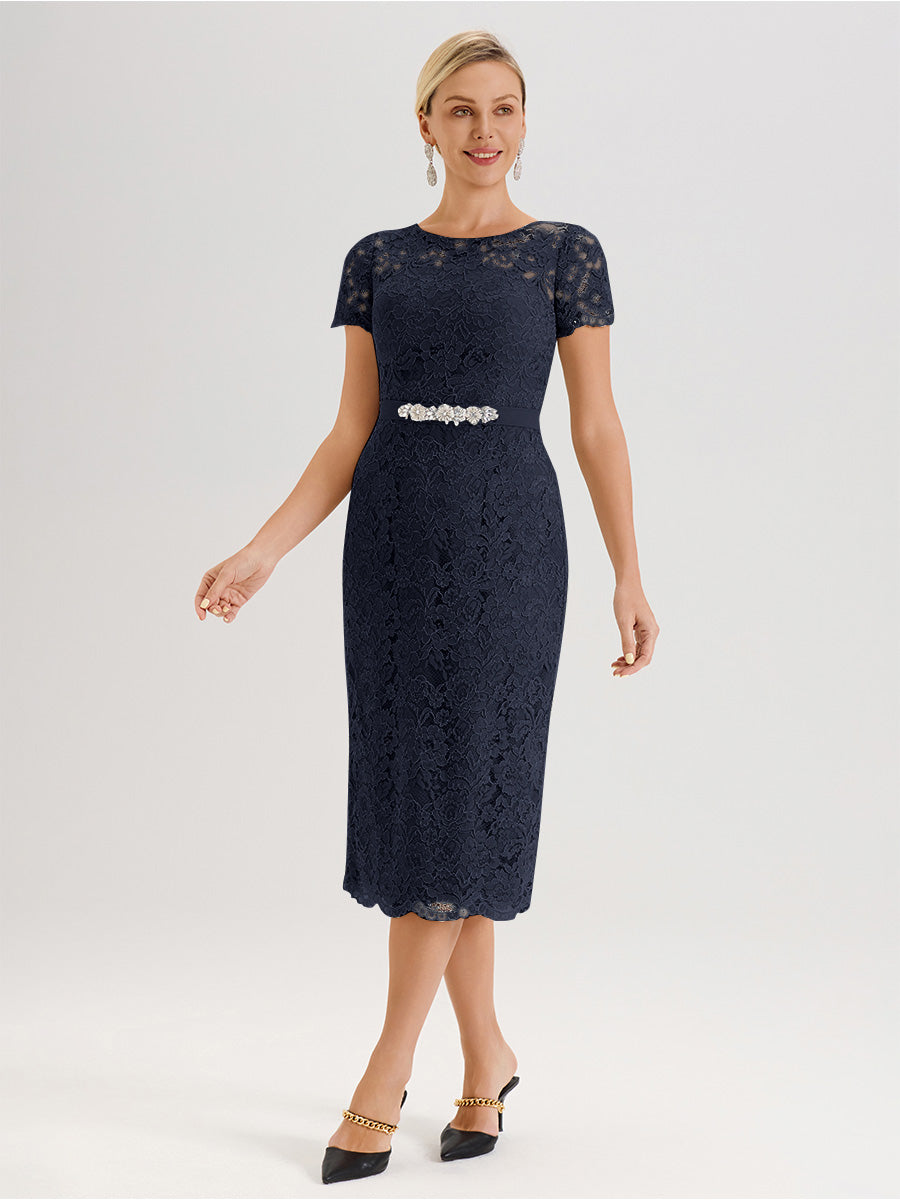 Cicinia Ensemble Bleu Marine Avec Châle Robe Mère De La Mariée Longueur Mi-Mollet En Mousseline Dentelle Col Rond