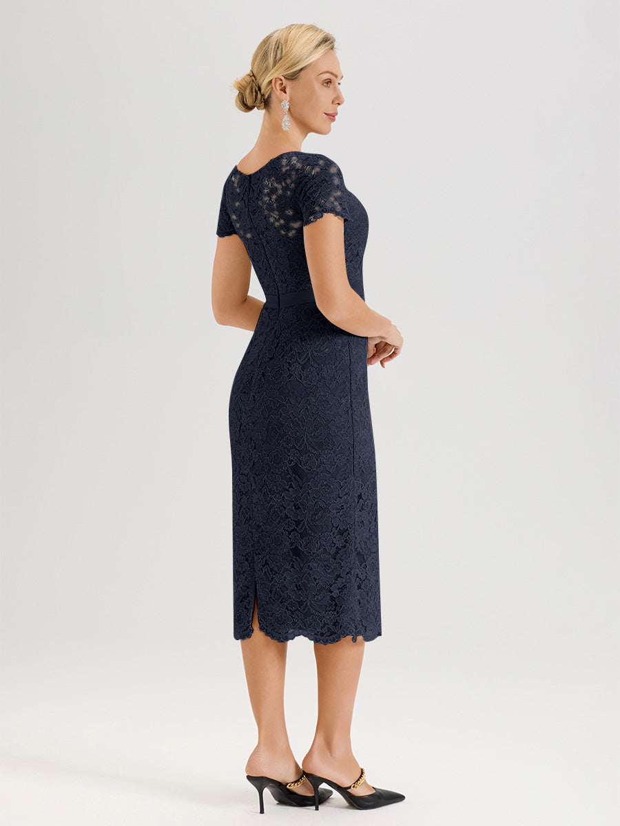 Cicinia Ensemble Bleu Marine Avec Châle Robe Mère De La Mariée Longueur Mi-Mollet En Mousseline Dentelle Col Rond
