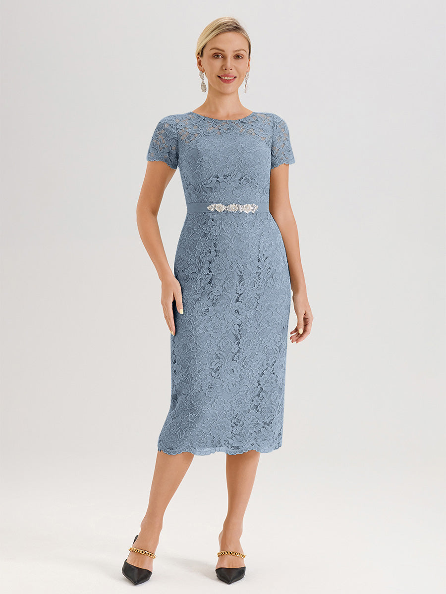 Cicinia Ensemble Bleu Poudré Avec Châle Robe Mère De La Mariée Longueur Mi-Mollet En Mousseline Dentelle Col Rond