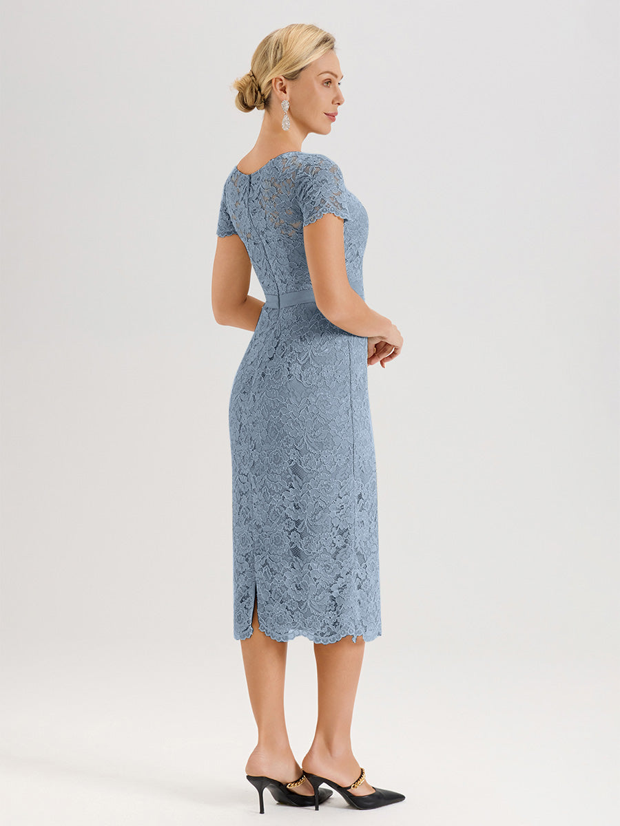 Cicinia Ensemble Bleu Poudré Avec Châle Robe Mère De La Mariée Longueur Mi-Mollet En Mousseline Dentelle Col Rond