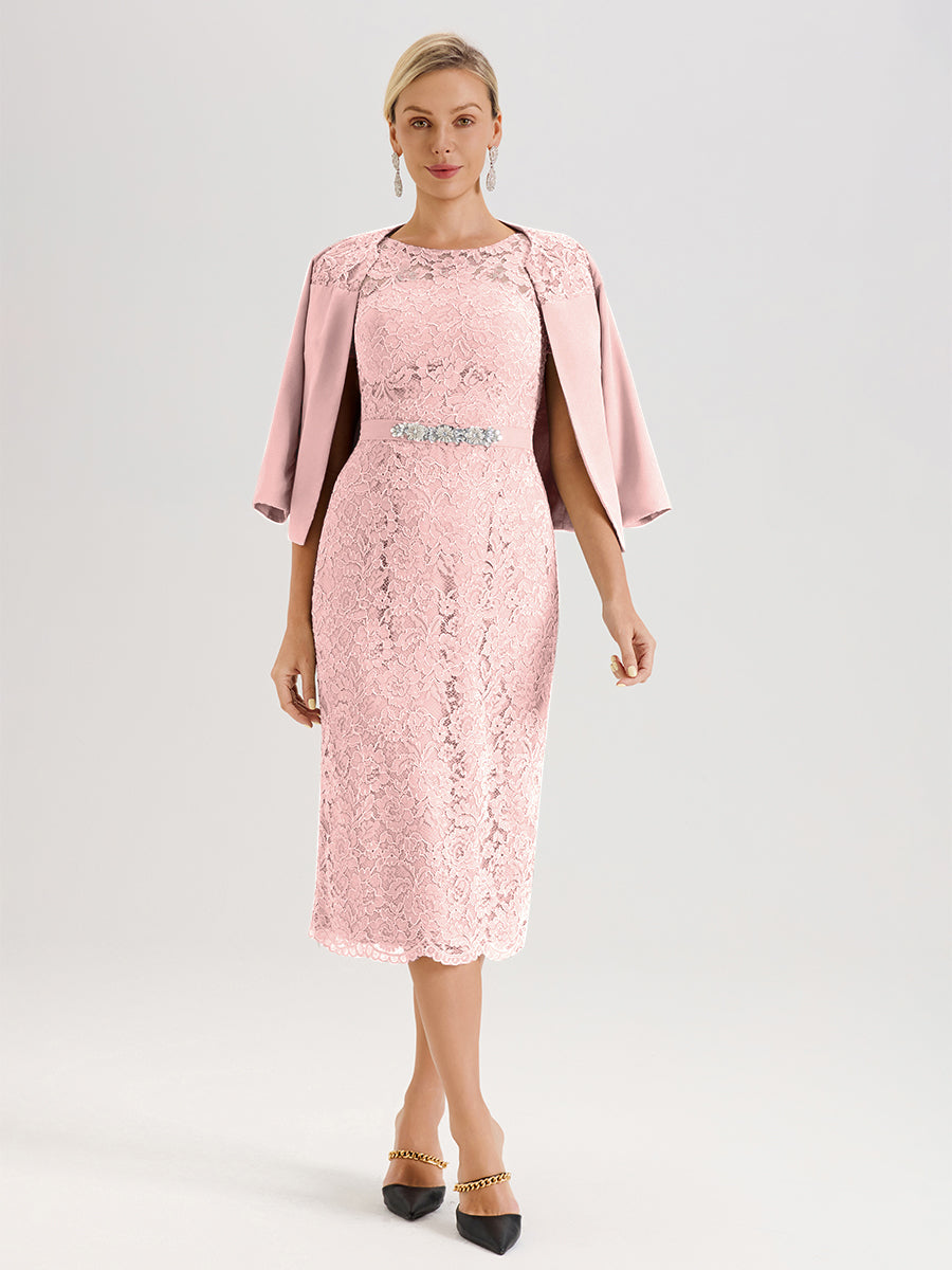 Cicinia Ensemble Rose Poudrée Avec Châle Robe Mère De La Mariée Longueur Mi-Mollet En Mousseline Dentelle Col Rond
