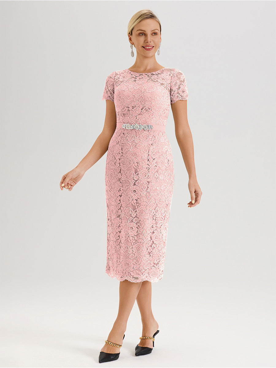 Cicinia Ensemble Rose Poudrée Avec Châle Robe Mère De La Mariée Longueur Mi-Mollet En Mousseline Dentelle Col Rond