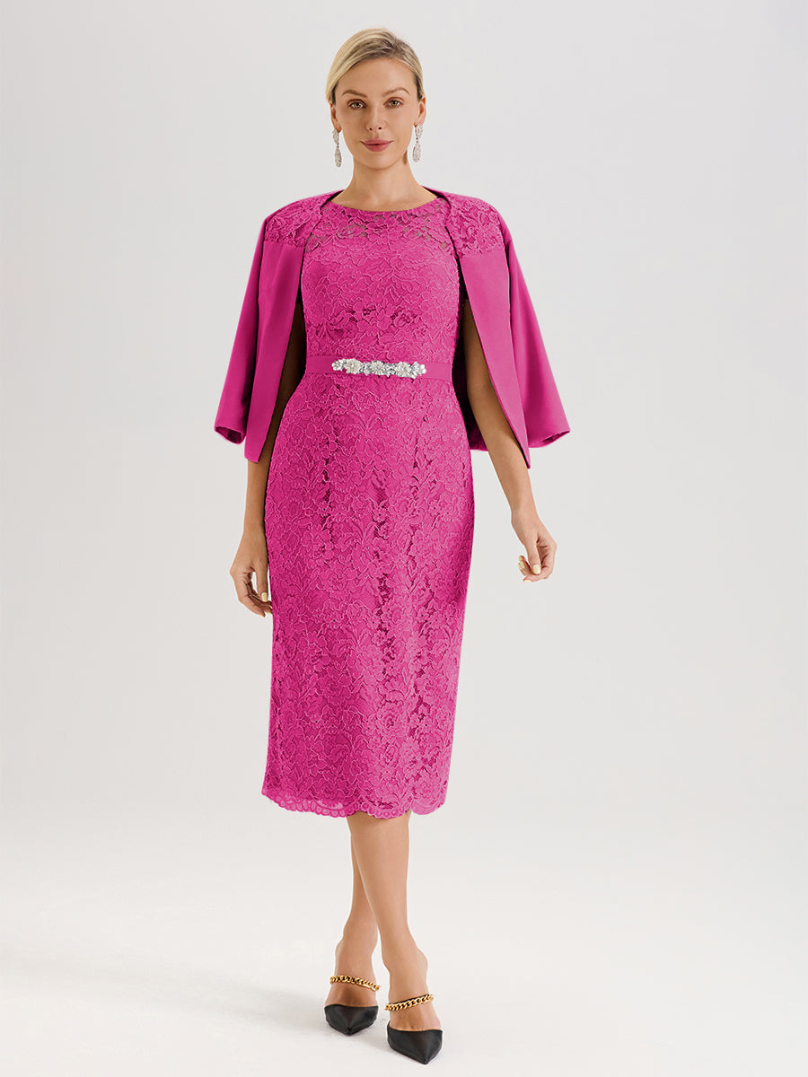 Cicinia Ensemble Fuchsia Rose Avec Châle Robe Mère De La Mariée Longueur Mi-Mollet En Mousseline Dentelle Col Rond