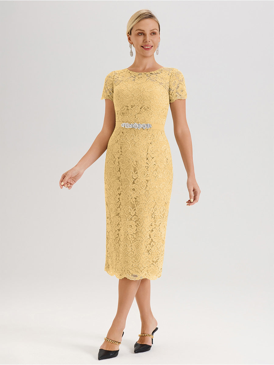 Cicinia Ensemble Couleur Or Avec Châle Robe Mère De La Mariée Longueur Mi-Mollet En Mousseline Dentelle Col Rond