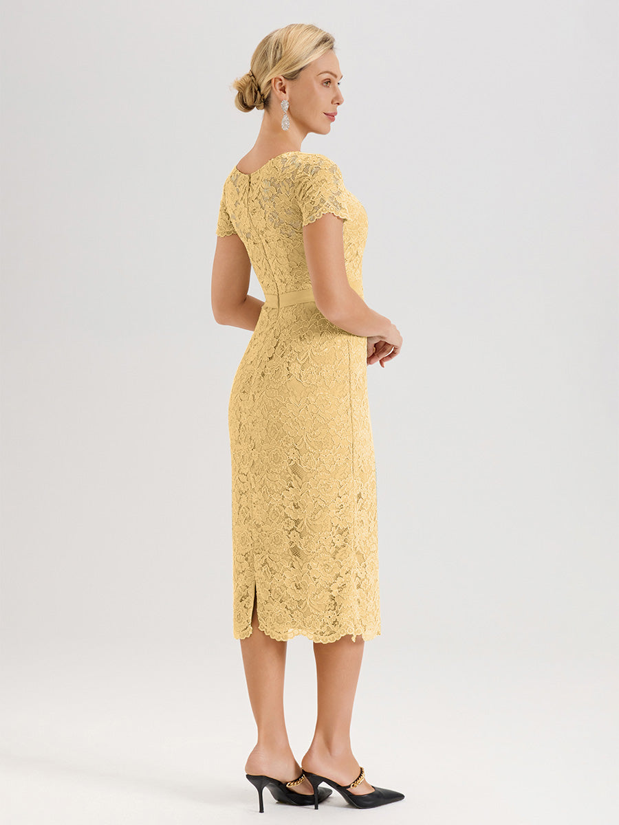 Cicinia Ensemble Couleur Or Avec Châle Robe Mère De La Mariée Longueur Mi-Mollet En Mousseline Dentelle Col Rond