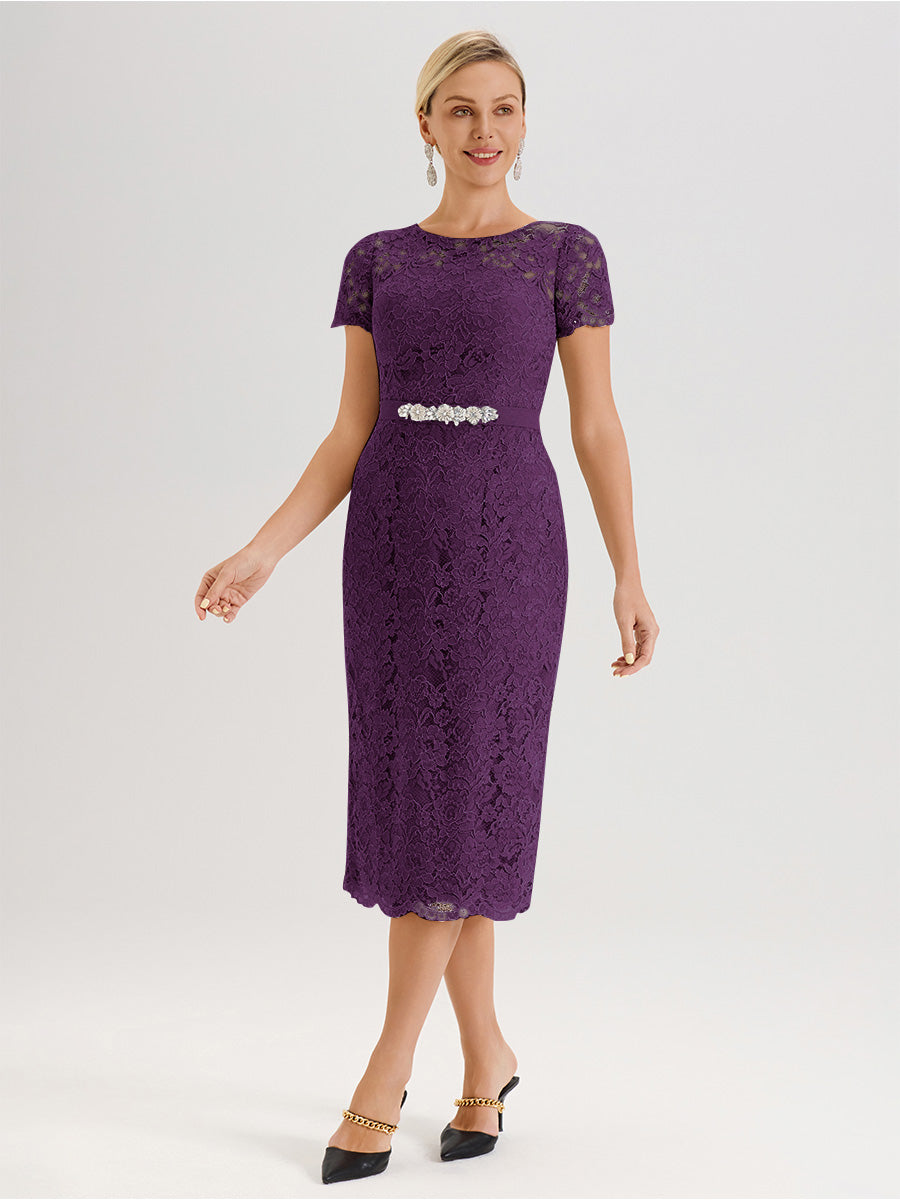 Cicinia Ensemble En Raisin Avec Châle Robe Mère De La Mariée Longueur Mi-Mollet En Mousseline Dentelle Col Rond