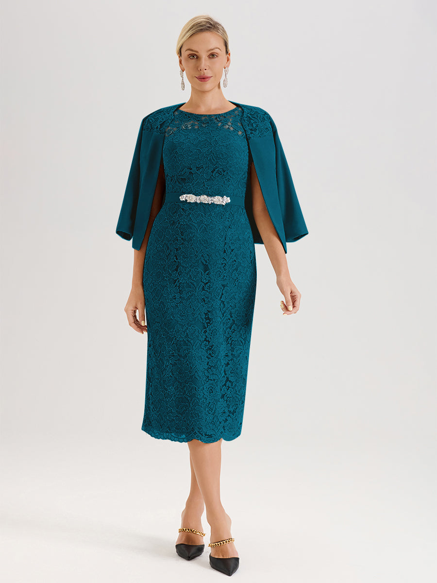 Cicinia Ensemble Bleu Encre Avec Châle Robe Mère De La Mariée Longueur Mi-Mollet En Mousseline Dentelle Col Rond