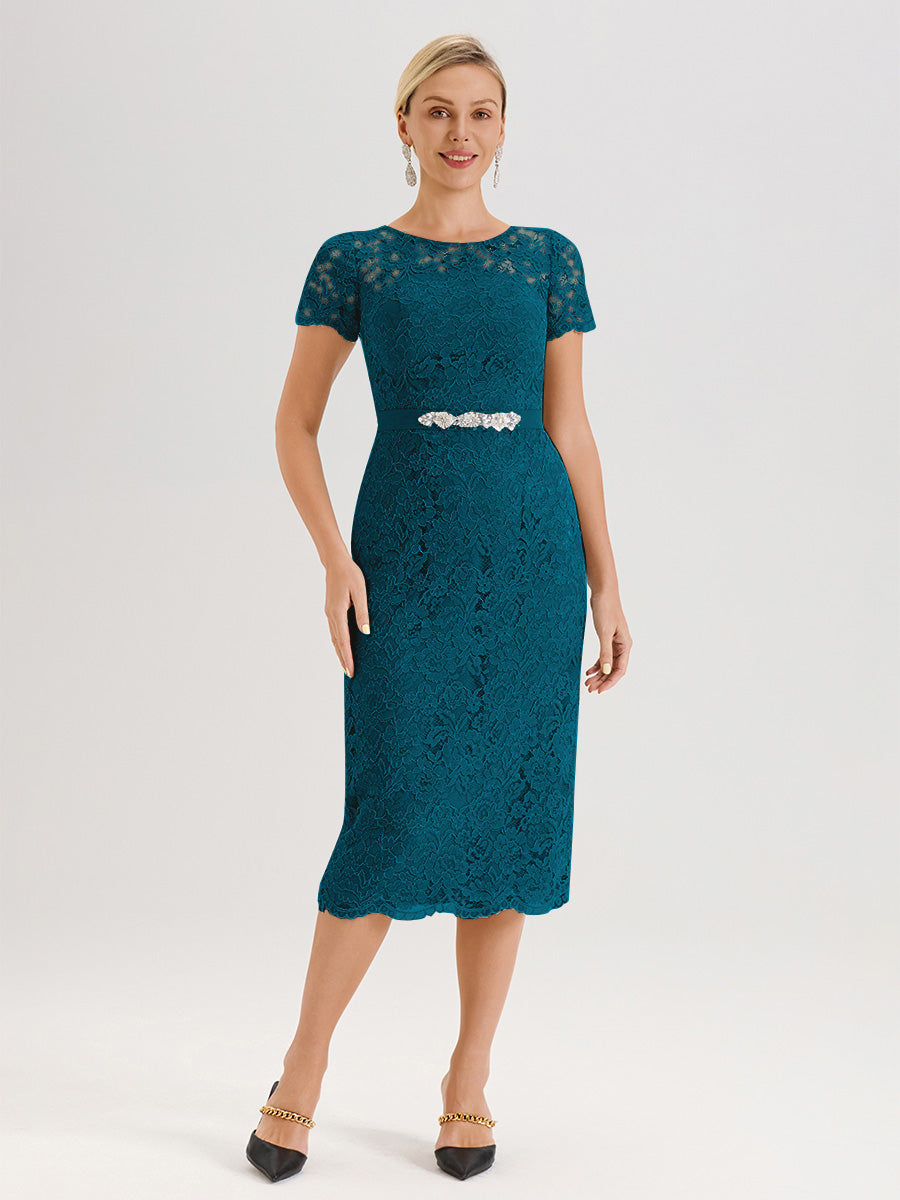 Cicinia Ensemble Bleu Encre Avec Châle Robe Mère De La Mariée Longueur Mi-Mollet En Mousseline Dentelle Col Rond