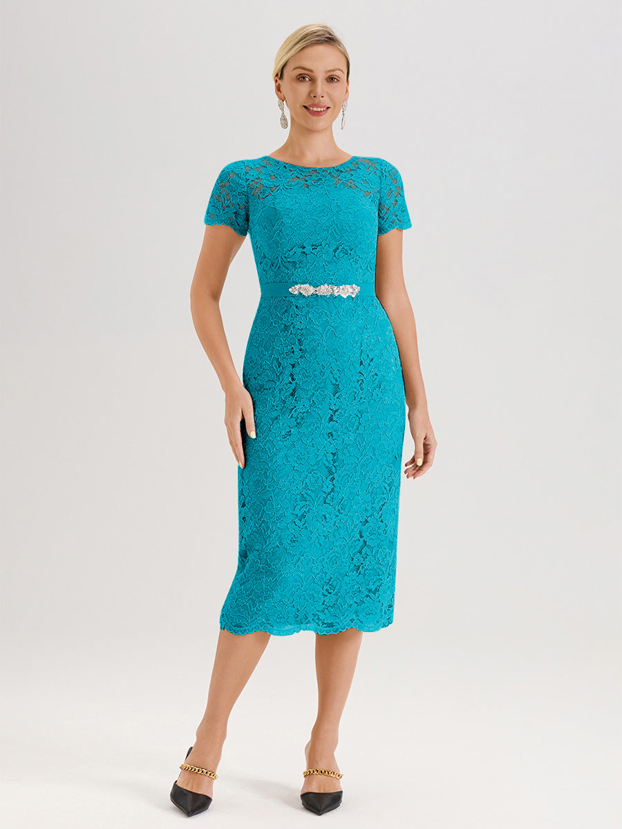 Cicinia Ensemble Jade Avec Châle Robe Mère De La Mariée Longueur Mi-Mollet En Mousseline Dentelle Col Rond