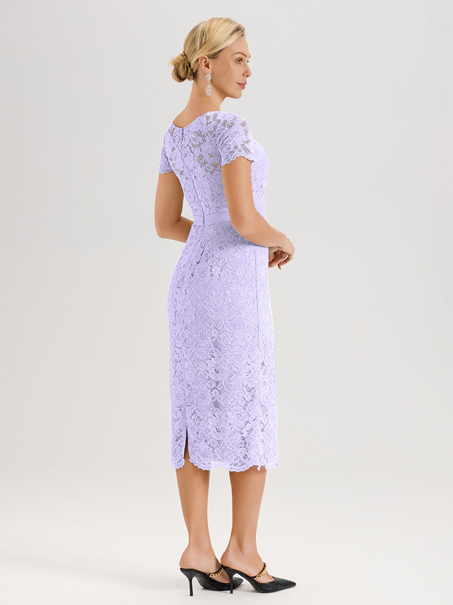 Cicinia Ensemble Lilas Avec Châle Robe Mère De La Mariée Longueur Mi-Mollet En Mousseline Dentelle Col Rond