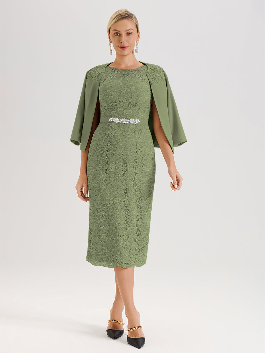 Cicinia Ensemble Vert Olive Avec Châle Robe Mère De La Mariée Longueur Mi-Mollet En Mousseline Dentelle Col Rond